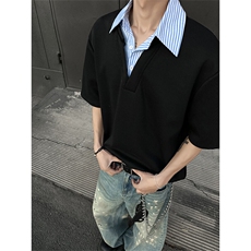 T288-特批30无差价280克夏季假两件衬衫领短袖潮牌宽松拼接T恤男，男装T恤，电商A058-1（原电商C417）