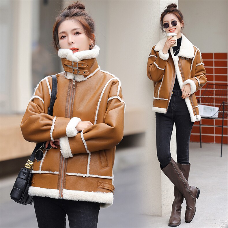 现货主推2024冬季新款山羊绒外套女加厚皮毛一体夹克宽松机车服，女装棉衣/棉服，霓裳依族