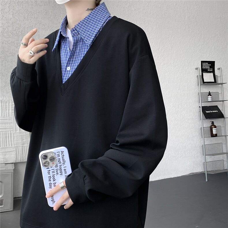 华棉WY5529-P42特控78M-5XL假两件衬衫领休闲长袖卫衣,男装衬衫,电商D232