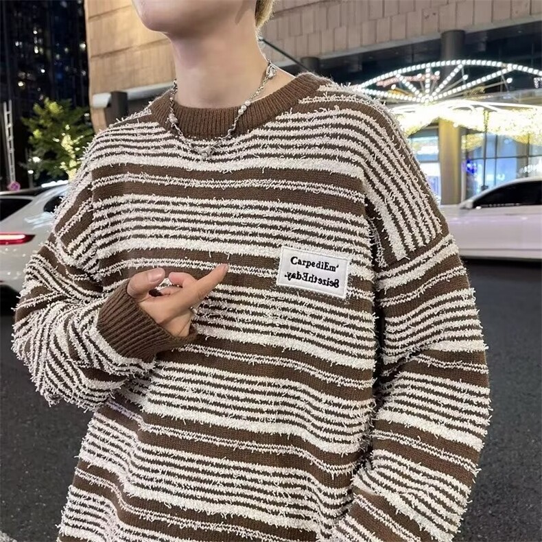 秋冬季小众设计复古条纹针织衫男慵懒风打底衫痞帅毛线衫 YM55图片