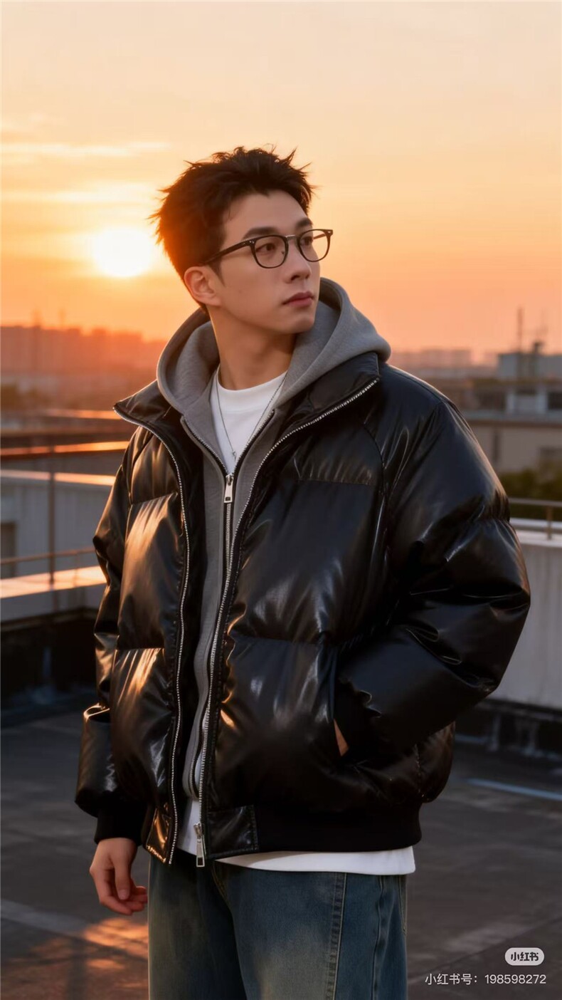 网图PU皮假两件连帽夹克棉服男女冬季加厚保暖短款廓形棉袄,男装夹克,电商C307