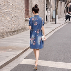 时尚牛仔印花连衣裙修身显瘦高腰A字裙夏季新款，女装连衣裙，秋水欣儿