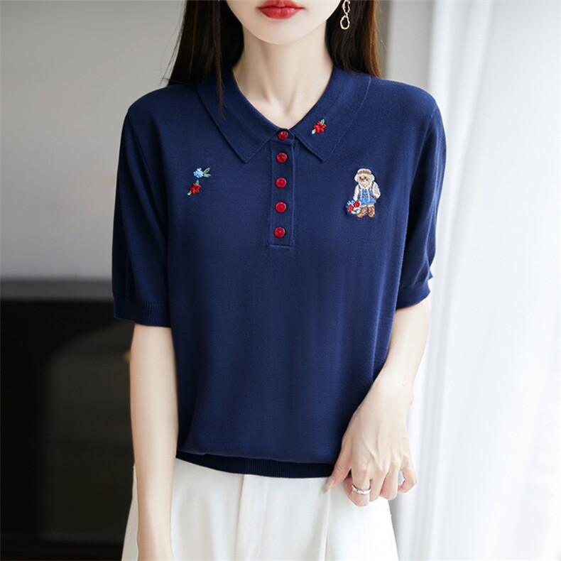 POLO领刺绣花朵小熊半开扣短袖,女装T恤,暖烁羊绒