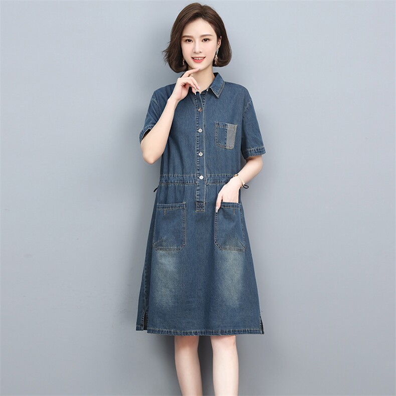 2022夏季新款时尚气质翻领收腰显瘦休闲舒适牛仔连衣裙,女装牛仔裙,忆绮罗
