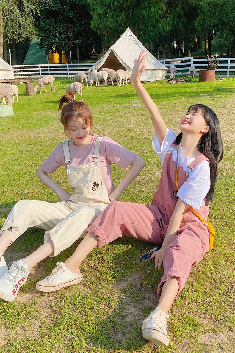 甜美粉色工装背带裤套装女春夏2025新款小个子韩版宽松休闲直筒裤,女装休闲裤,淑塔可可