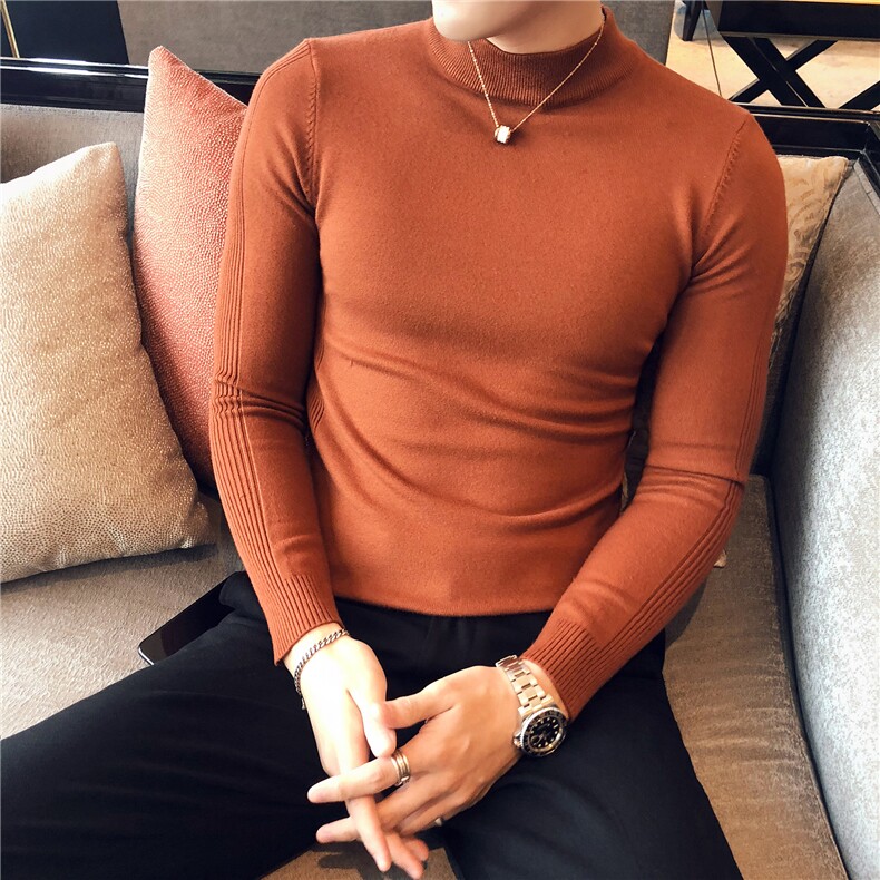 M07/p45半高领毛衣男 秋冬休闲纯色修身长袖中领针织打底衫线衣图片