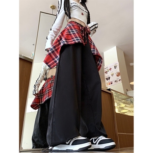 可拆卸格子围裙直筒休闲裤男女美式设计感小众阔腿裤K0638-P43图片