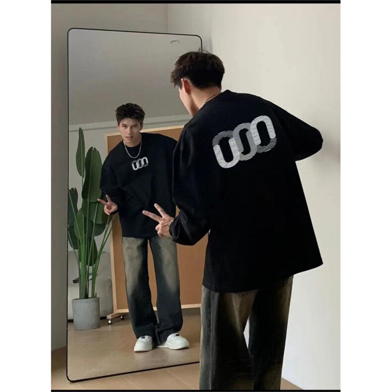 美式cleanfit卫衣黑色圆领重磅纯棉长袖T恤男款内搭打底衫春秋季,男装T恤,星座715-7