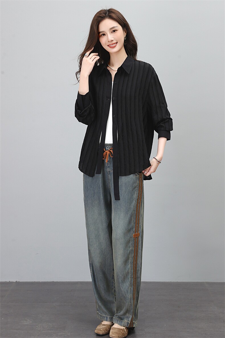 时尚优雅女装套装黑色条纹衬衫搭配宽松牛仔裤,女装套装/套裙,叶笙衣