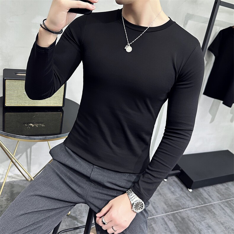 2023长袖T恤男秋季百搭纯色修身圆领内搭打底衫男t508-p35，男装T恤，电商D303
