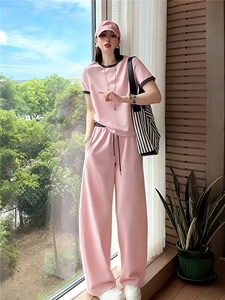 女夏季新款时尚运动套装宽松显瘦圆领拼接短袖上衣阔腿长裤两件套图片