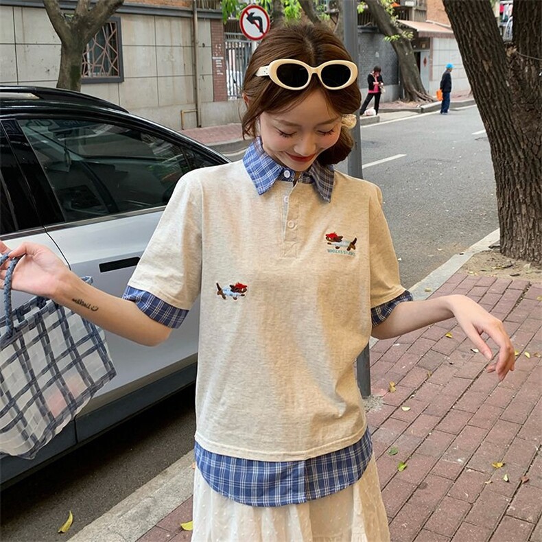 H0712-P43短袖t恤夏2026新款假两件卡通刺绣翻领上衣韩版女装,男装T恤,星座617A-2