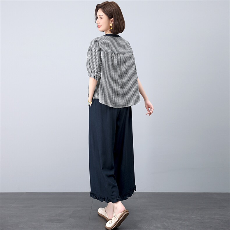 套装女2025年夏季新款时尚宽松中年妈妈大码棉麻九分裤两件套,女装套装/套裙,江忆布依