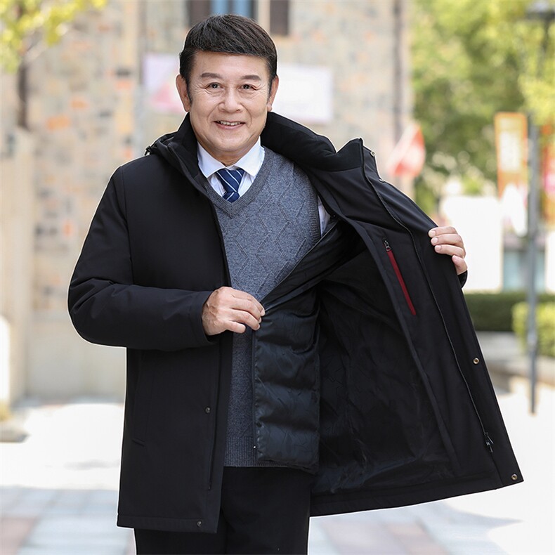 继续可拆卸帽内胆中老年羽绒服外套男中长款白鸭绒羽绒服大衣,男装羽绒服,钱塘723