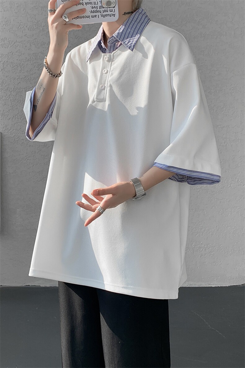 8XL-M假两件衬衫领短袖T恤大码夏季条纹拼接polo衫半袖DX1211/P45,男装T恤,电商B238