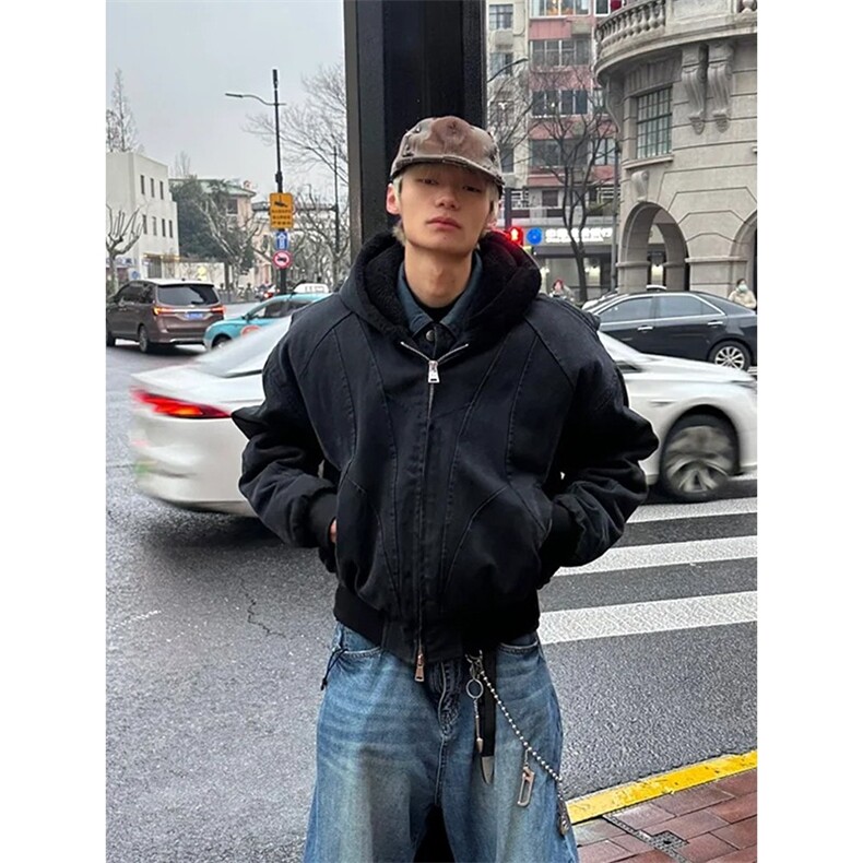 潮座山雕毛绒连帽棉服男女2025冬季美式cleanfit设图片