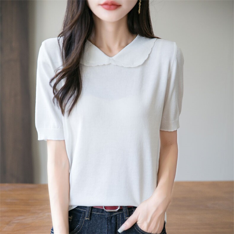 娃娃领甜美减龄短袖针织衫夏季新款宽松显瘦纯色洋气上衣遮肉短款，女装针织衫/毛衣，萱芳婷羊绒