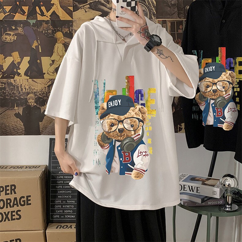 LD54211-P45连帽短袖t恤男大码胖子带帽五分袖中袖海报风,男装T恤,电商A040