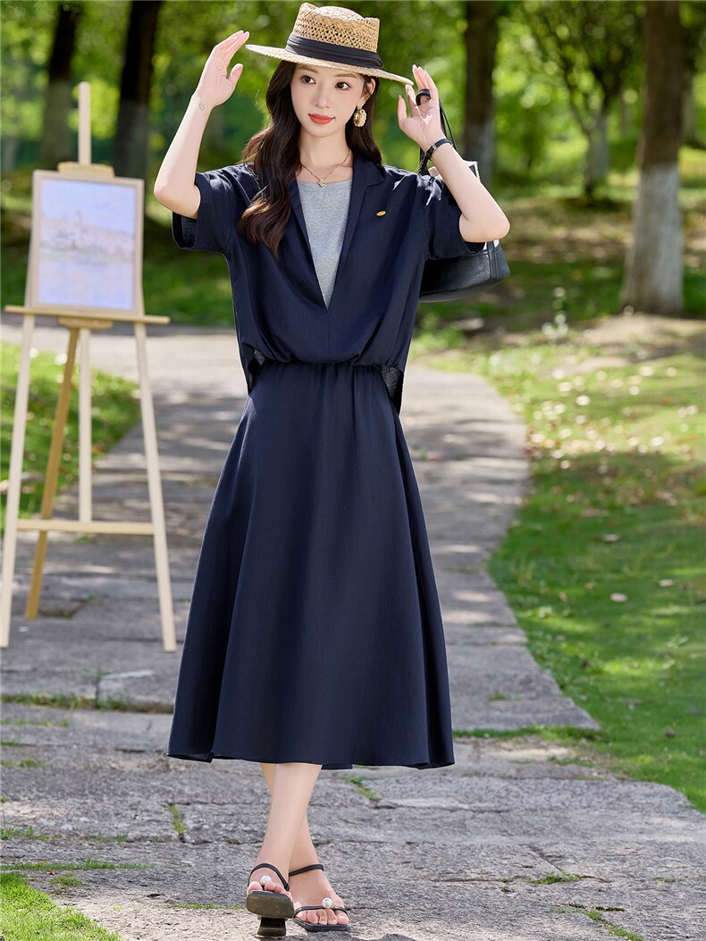 2026年夏季亚麻假两件套拼接短袖显瘦半身裙两件套,女装套装/套裙,简韵佳