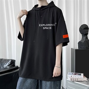 LD54244-P45 NASA连帽短袖t恤男大码胖子带帽五分袖中袖图片