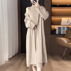 中长款100%纯羊毛连帽开衫女纯色纽扣长袖毛衣宽松羊绒衫长裙外套，女装羊毛衫，琳华羊绒