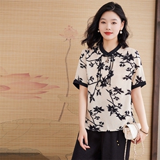 时尚优雅别致设计感新中式清新透气小衫百搭2025，女装蕾丝衫/雪纺衫，媚琳依坊
