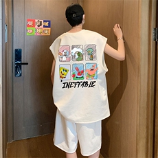 直播美式麂皮绒宽松背心无袖t恤短裤大码两件套套装TZ40-P58，男装T恤，电商A486