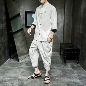 2021夏季新款中国风套装男大码唐装七分袖衬衫男休闲裤TZ073/P100图片