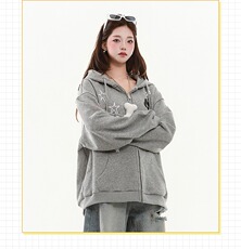 JL0677-P62网图猫耳朵连帽卫衣开衫女男春秋季骷髅猫咪印花外套，女装短外套，电商C233