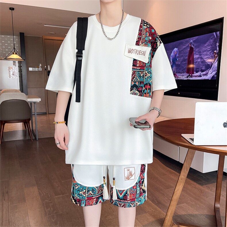 美式夏季薄款宽松百搭潮流拼色绣花大码两件套XZ102B-1TZ259P55,男装休闲套装,星座102B-1