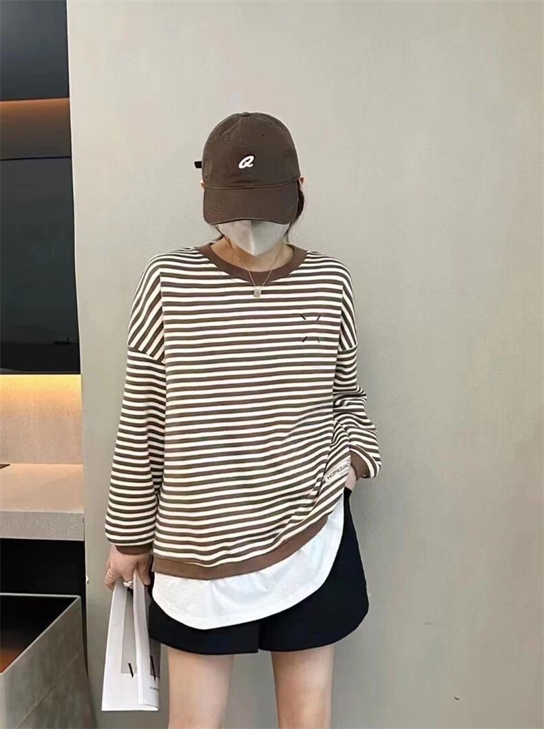 早春新款宽松休闲条纹假二件套头卫衣，女装卫衣/绒衫，那简