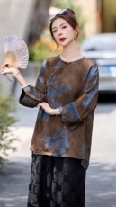 2026夏季新中式风凤栖牡丹人丝提花圆领衬衫女洋气唐装长袖上衣，女装衬衫，凤玖服饰