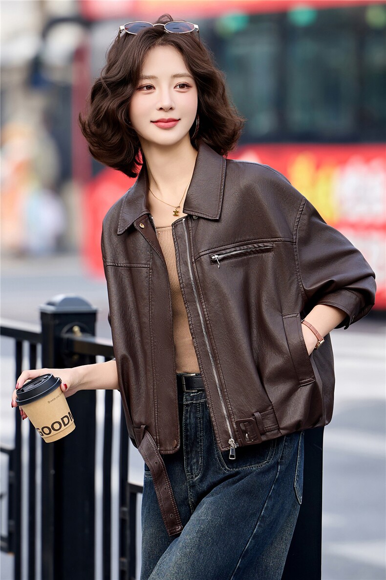 已出货春装新品咖色皮衣外套女小个子美拉德复古时尚显瘦皮夹克,女装皮衣,吾爱衣