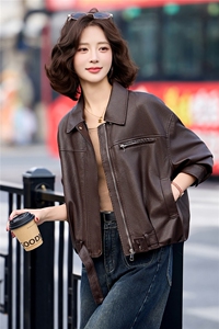 已出货春装新品 咖色皮衣外套女小个子美拉德复古时尚显瘦皮夹克图片