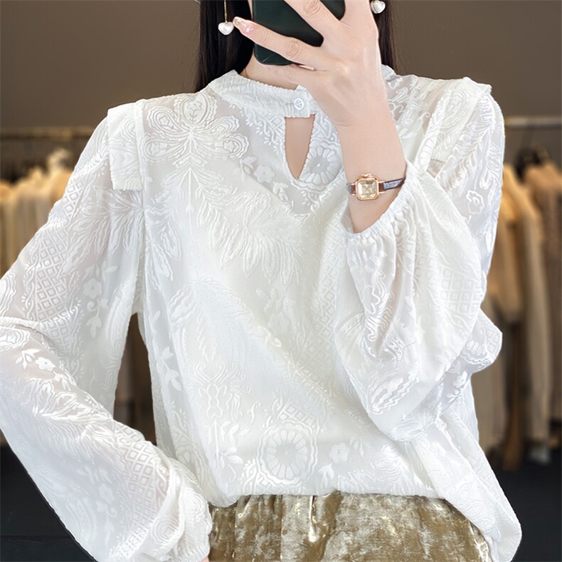 真丝缎面提花新中式纯色衬衫女春夏新款衬衣长袖简约气质国风上衣图片