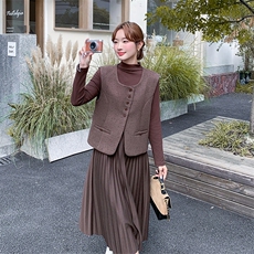 咖色高级感毛呢套装裙女2025秋季新款韩系马甲拼接连衣裙两件套，女装套装/套裙，2C285