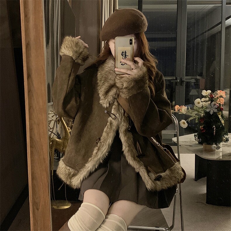 C914-P130毛绒麂皮外套女美拉德拼接宽松牛角扣翻领上衣,女装短外套,星座911-2(原星座613-2）