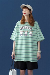 中性 夏季条纹撞色印花卡通图案圆领情侣短袖T恤 T864 P35控48图片