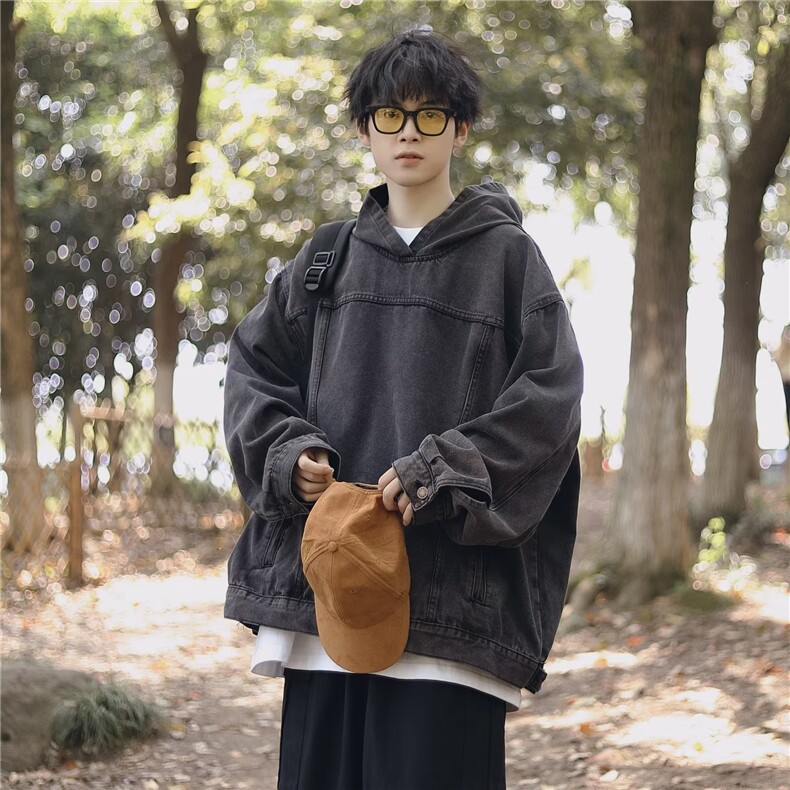 港风复古牛仔卫衣外套男连帽秋潮牌日系宽松夹克上衣服W4996-P65，男装大码男装，星座412-2