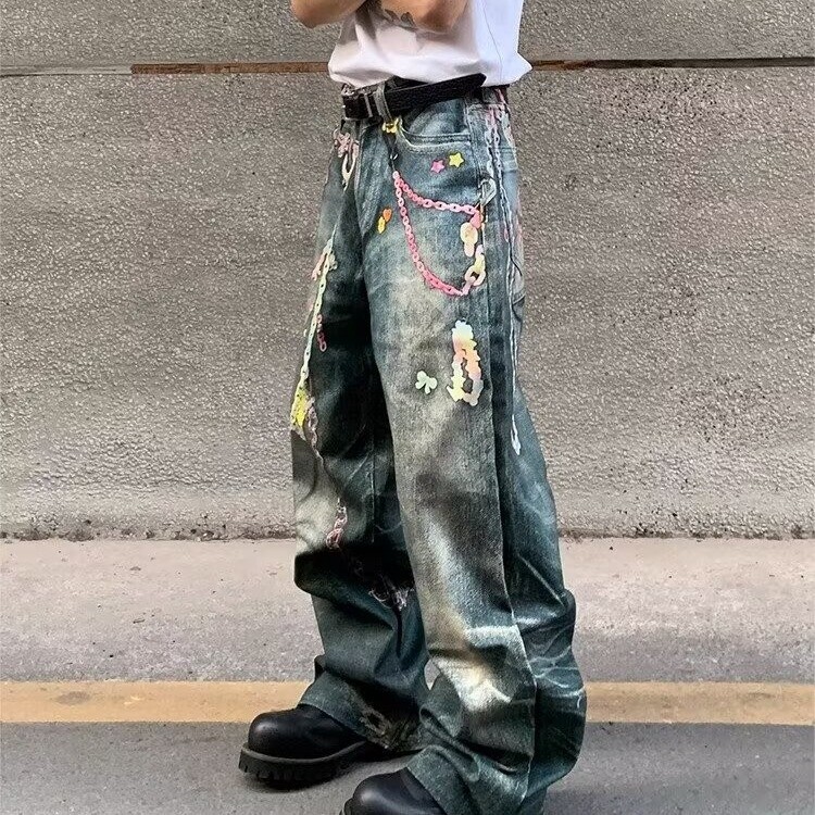 小众设计糖果链条印花蓝色牛仔裤男款水洗做旧潮流宽松直筒休闲裤图片