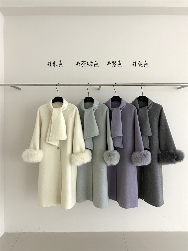 2592-38韩版气质显瘦百搭真袖毛双面羊毛大衣过膝长款毛呢,女装羊绒大衣,依嘟服饰