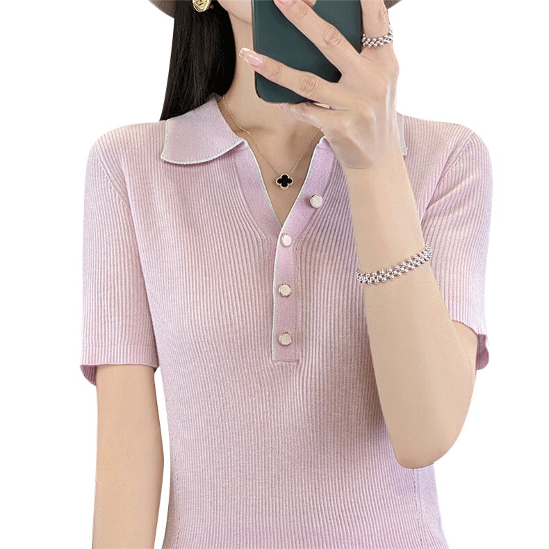 24夏季新款POLO领冰丝针织短袖女拼色纽扣T恤上衣宽松半袖打底衫,女装T恤,秋虹羊绒