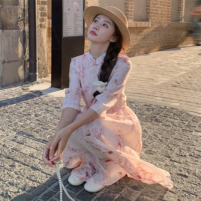 2025年夏季新款清新甜美复古盘扣风连衣裙印花收腰显瘦温柔长裙子,女装连衣裙,天使之佳话