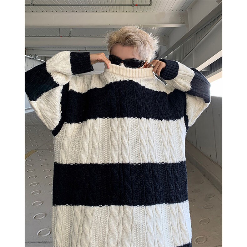 秋冬撞色条纹毛衣男日系打底慵懒针织衫宽松线衣外套M1683-P50，男装针织衫/毛衣，星座512-4