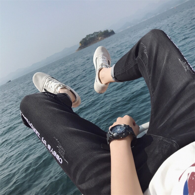 秋季九分裤男牛仔裤破洞韩版刺绣乞丐裤弹力修身小脚9分裤,男装牛仔裤,星座509