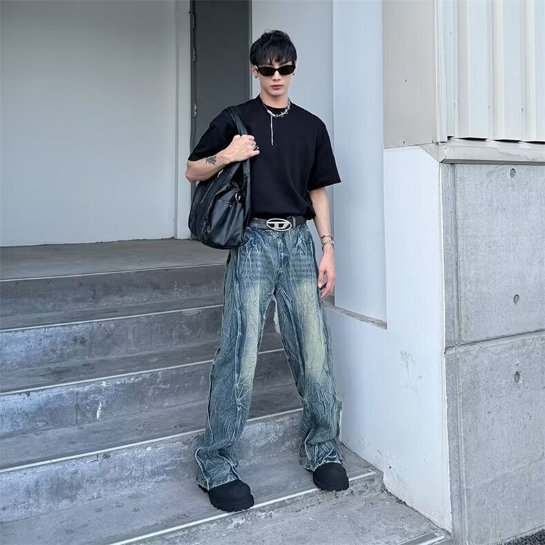 美式复古水洗不规则微喇叭牛仔裤男高街宽松阔腿裤NA250,男装牛仔裤,星座1116A-1（原606A）