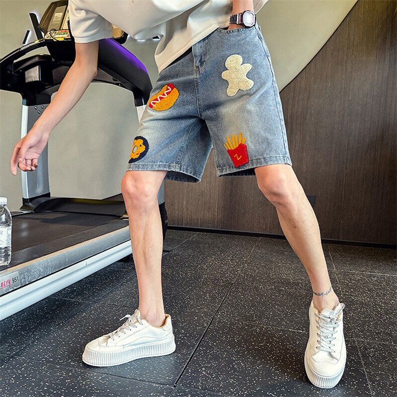 ND94-P55汉堡薯条毛巾绣直筒牛仔短裤男女夏季宽松阔腿五分裤，男装牛仔裤，星座215（原电商B249）