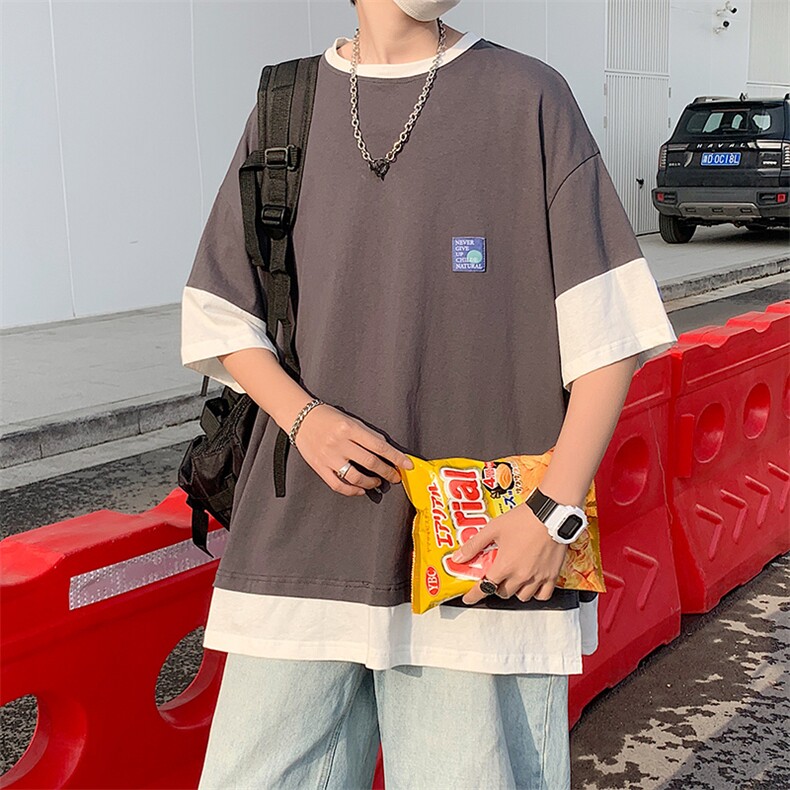 短袖T恤男夏季假两件潮牌宽松圆领青少年情侣款运动休闲短袖上衣,男装T恤,星座1013