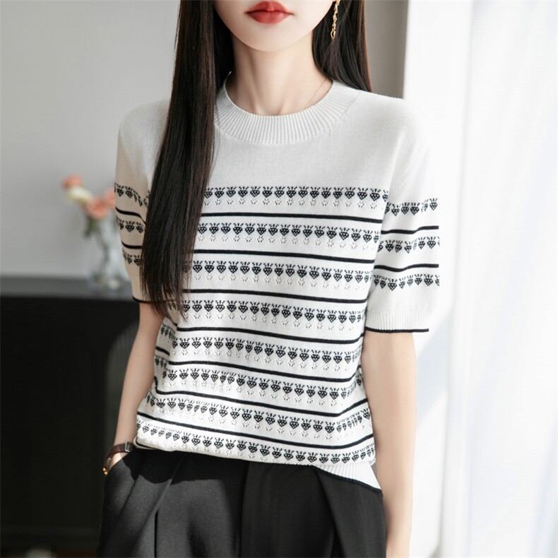 夏季时尚百搭圆领条纹精纺冰丝针织短袖女显瘦大码休闲宽松上衣女,女装T恤,秋双羊绒