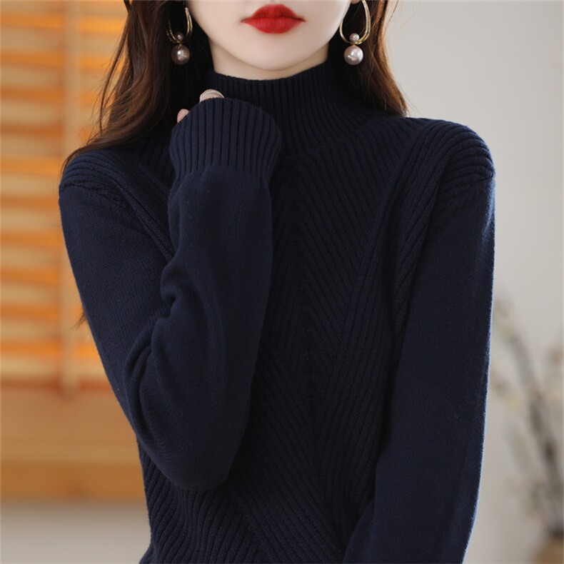 重磅加厚100%纯棉线不起球针织衫女半高领宽松纯色毛衣套头长袖,针织衫/毛衣,斯美雅电商供货